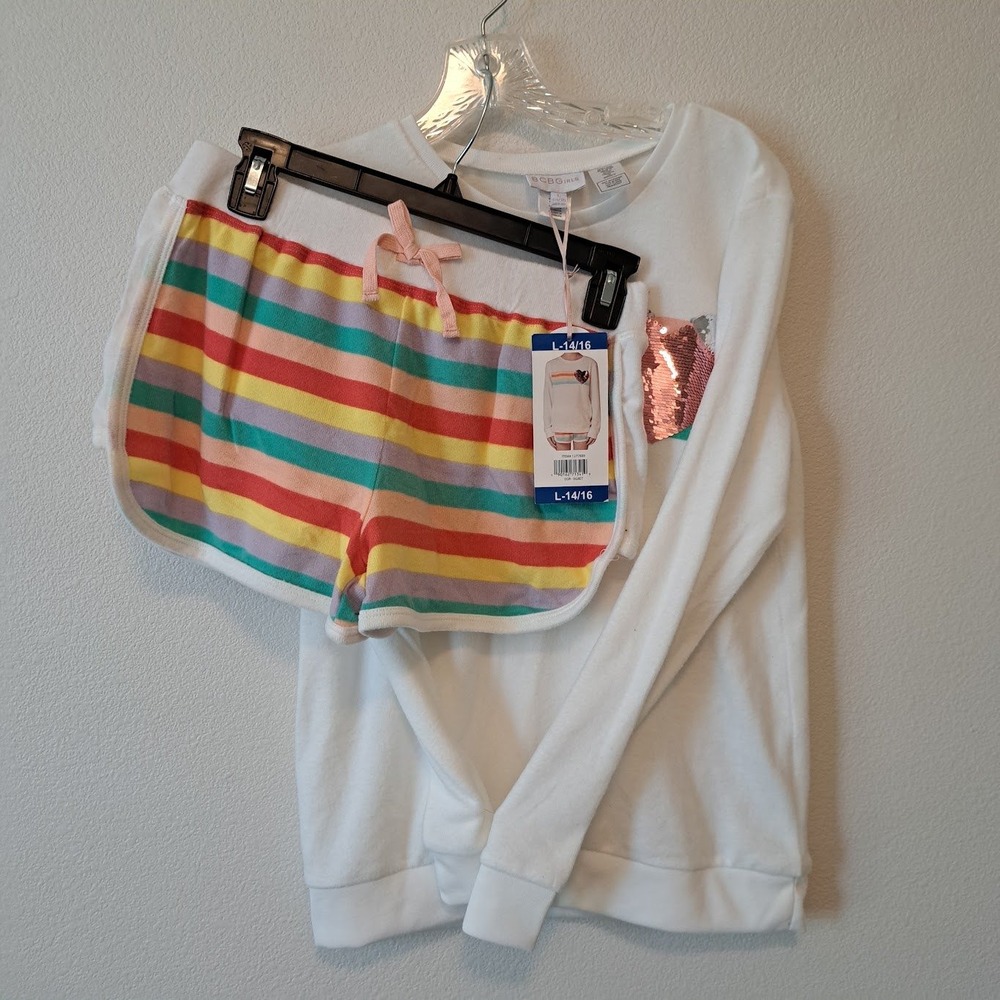 BCBGirls Girls 2 Pc Sweatshirt Shorts Rainbow Flip Sequin Heart White L 14/16